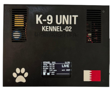 Node-A sensor enclosure (K-9 Unit) with an OLED telemetry display